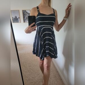 A-Line Striped Summer Strappy Dress - Size S - White and Navy